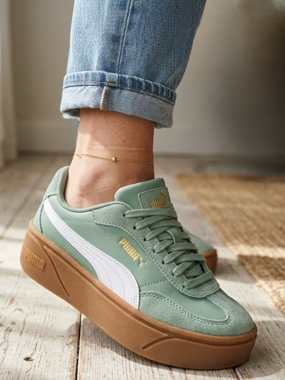 Puma Sage Green White and Gum Platform Sneakers